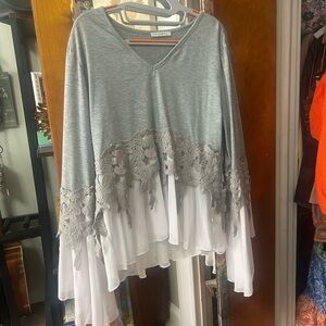 Gray and White Asymmetrical Ruffled Long Sleeve Blouse
